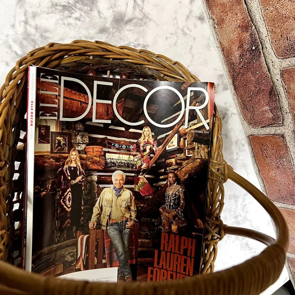 Vintage Gathering Basket With Wooden Beads | Wicker Magazine RacK | Towel Basket